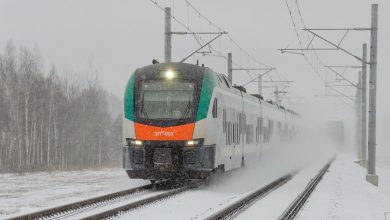 Электропоезд Stadler на перегоне в метель