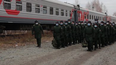 Строй военнослужащих в масках у пассажирского поезда