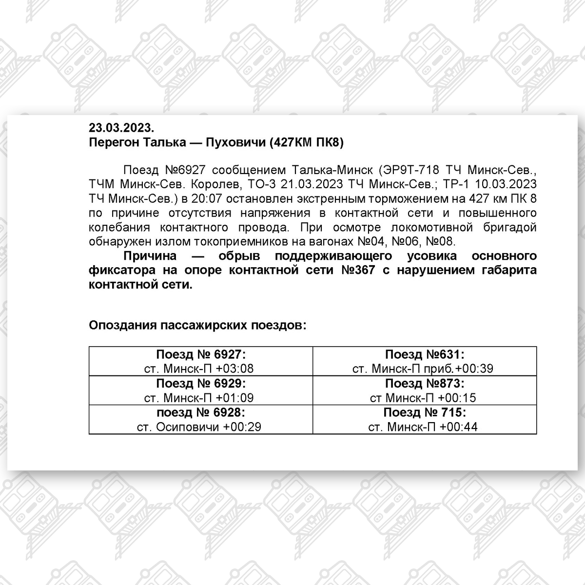 Документ к статье «Серьёзные нарушения транспортной безопасности на БЖД, допущенные в сутки 23.03.2023», лист 1