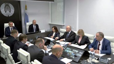 Участники коллегии за столом в зале с гербом Беларуси