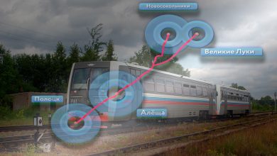 Дизель-поезд на перегоне, схема маршрута Полоцк — Невель — Великие Луки