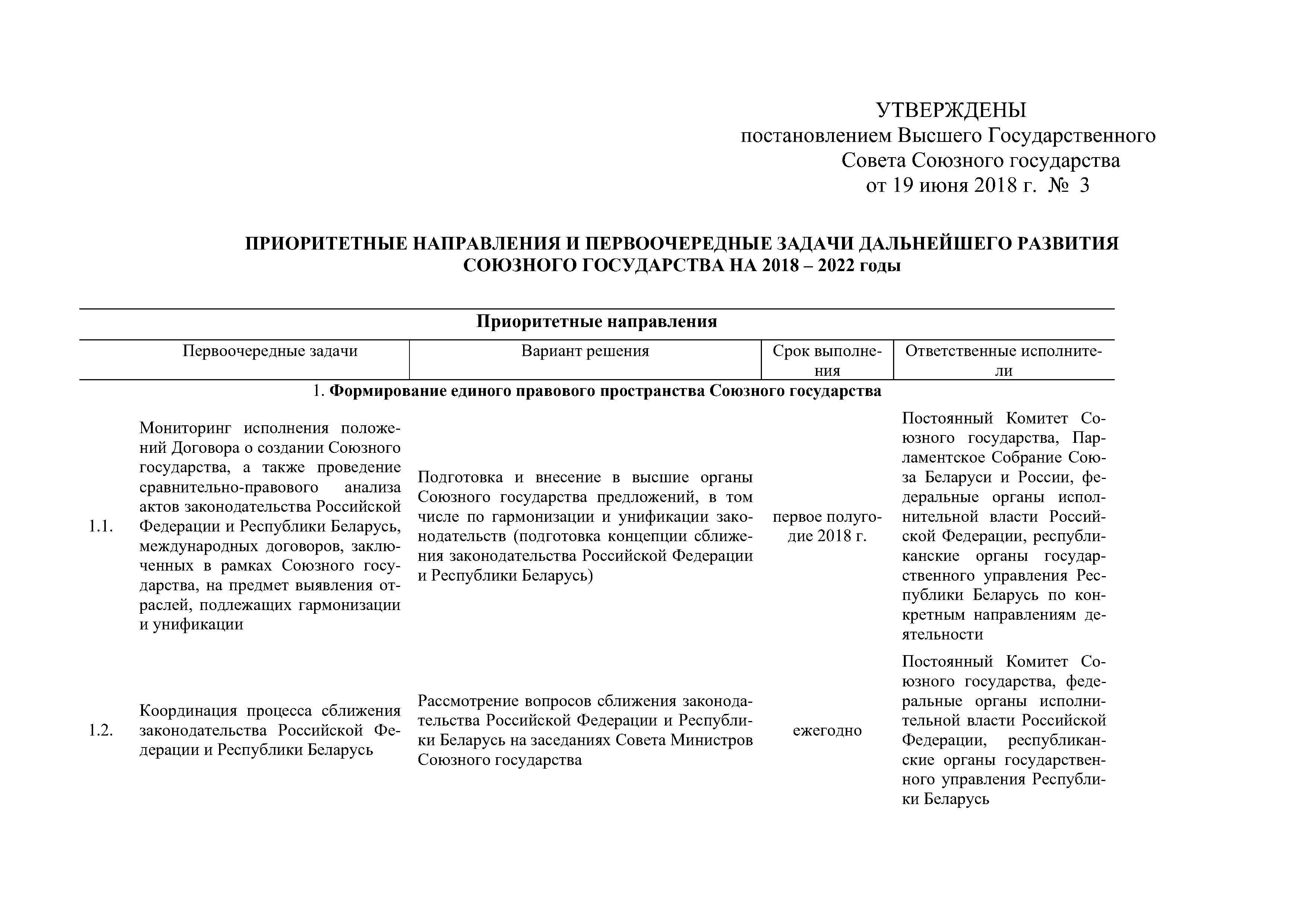 Приоритетные направления и первоочередные задачи развития Союзного государства на 2018 – 2022 г, лист 1