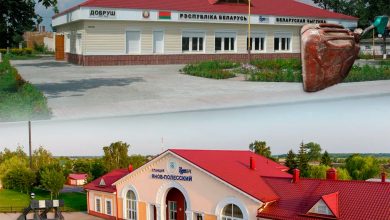 Коллаж: здания станций Добруш и Янов-Полесский, канистра