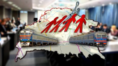 Карта Беларуси с электропоездами, фигурками людей и ножницами на фоне совещания