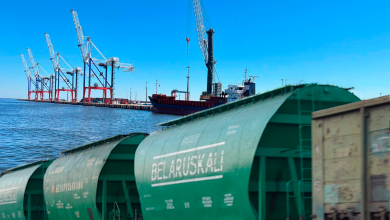 Вагоны-хопперы Belaruskali на причале морского порта с кранами