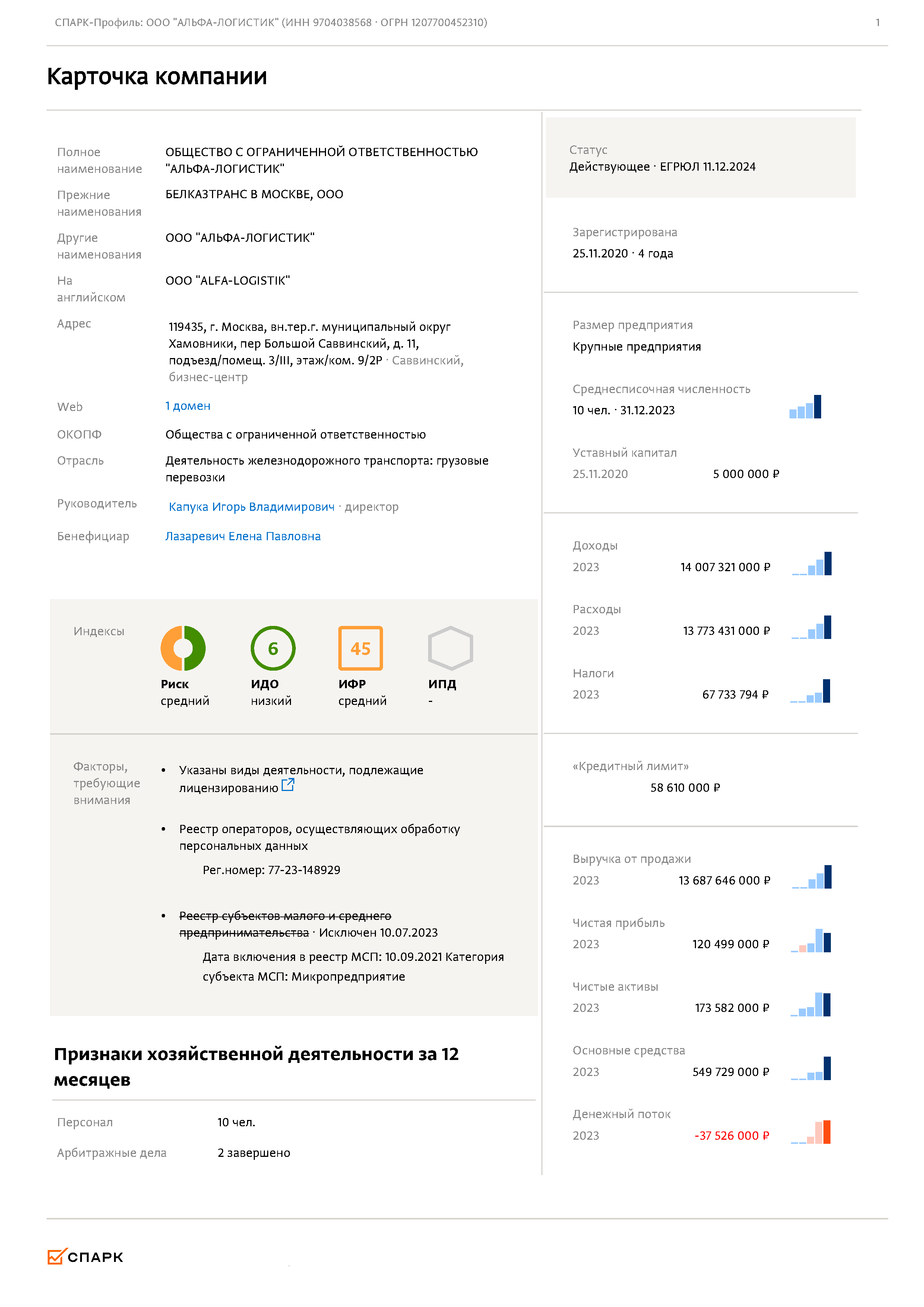 Выписка и общие сведения о компании ООО «Альфа-Логистик», лист 1