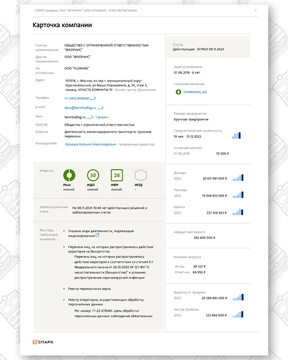 Выписка из СПАРК-Интерфакс (общие сведения) по компании ООО «ФЛОРАНС», лист 1