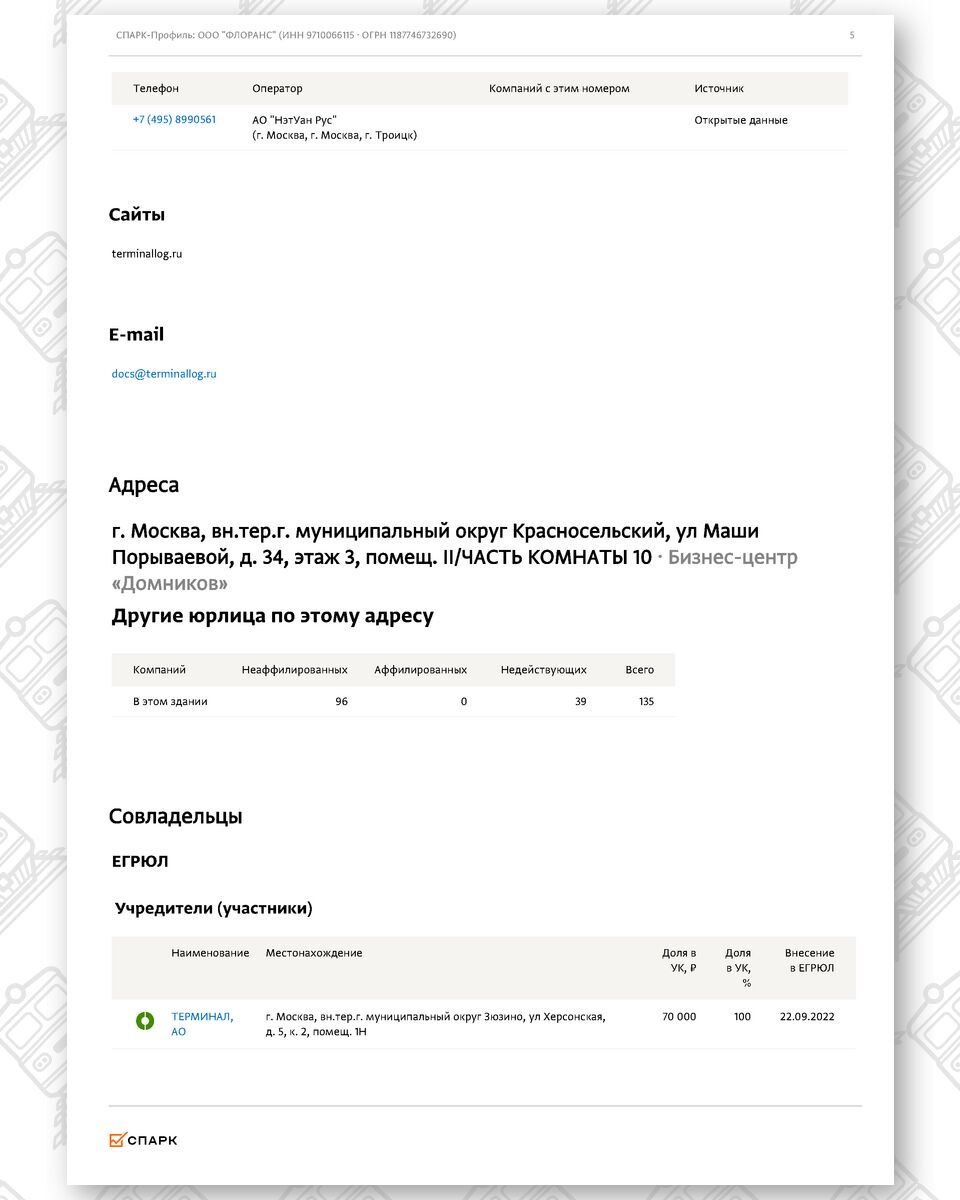 Выписка из СПАРК-Интерфакс (общие сведения) по компании ООО «ФЛОРАНС», лист 5