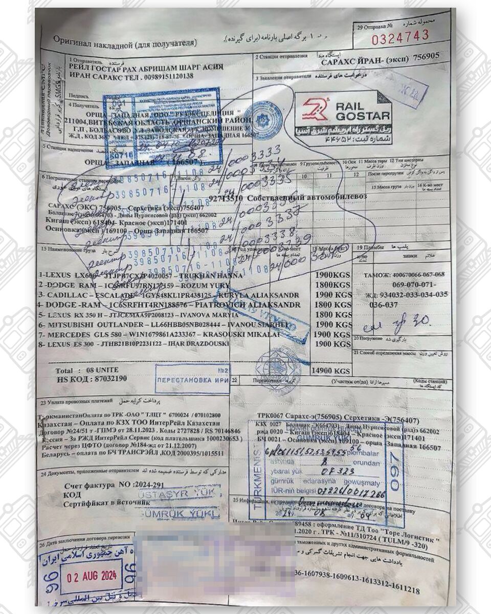 Товарно-транспортная накладная (с недостоверными внесенными сведениями) на груз: автомобили, доставленных по маршруту Иран…