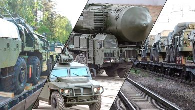 Коллаж: военная техника на платформах, бронеавтомобиль и пусковая установка