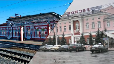 Коллаж: здания двух вокзалов, на правом надпись «Вокзал»