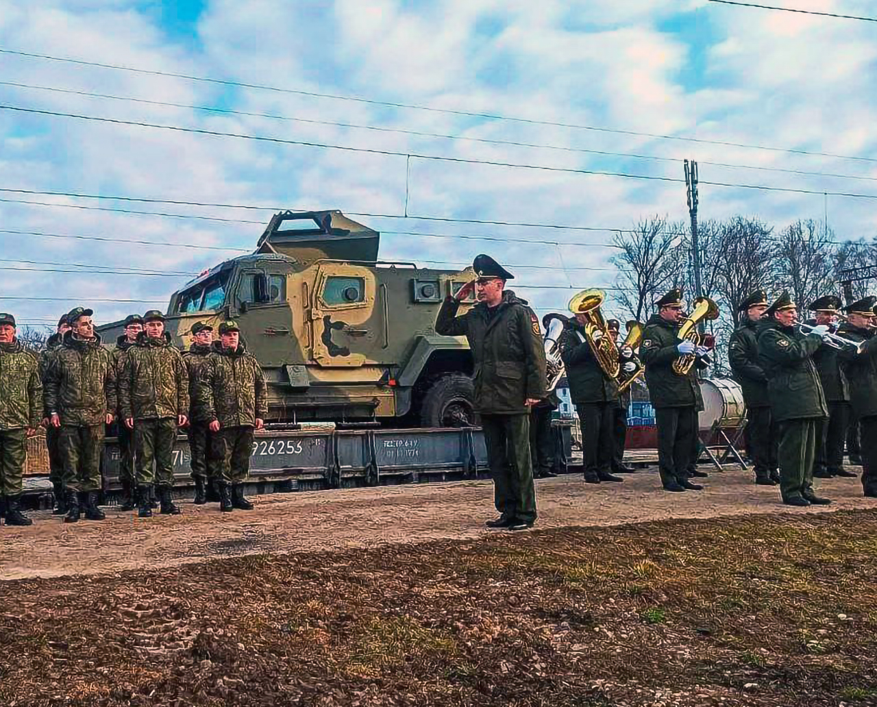 Russian military personnel being welcomed after troop train No. 961 arrived and was unloaded at Ozerishche station, 1 of 4