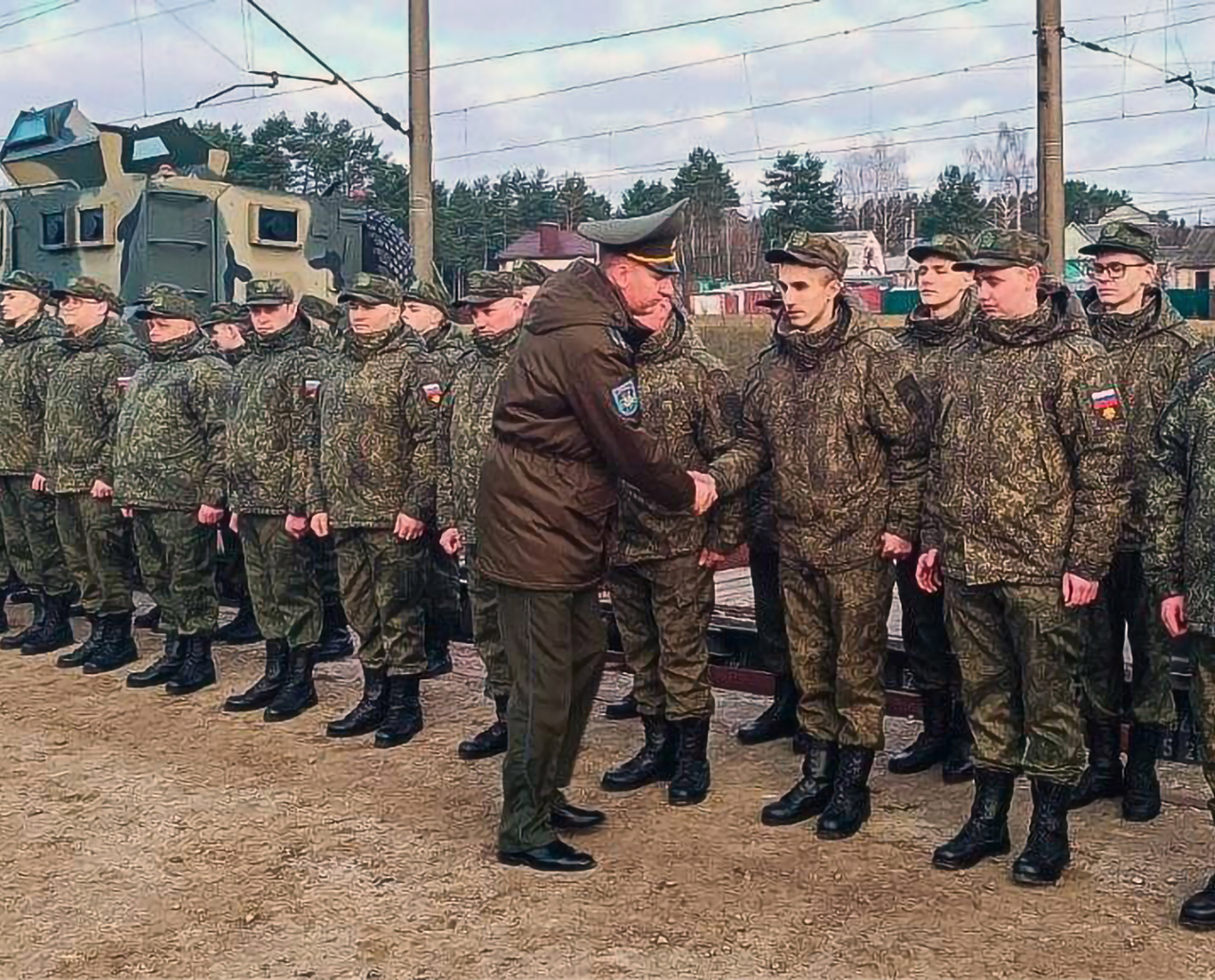 Russian military personnel being welcomed after troop train No. 961 arrived and was unloaded at Ozerishche station, 3 of 4