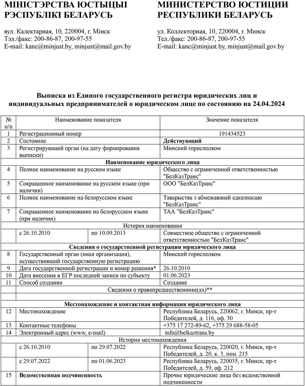 Сведения о компании «Белказтранс» из единого государственного регистра юридических лиц и индивидуальных…, лист 1