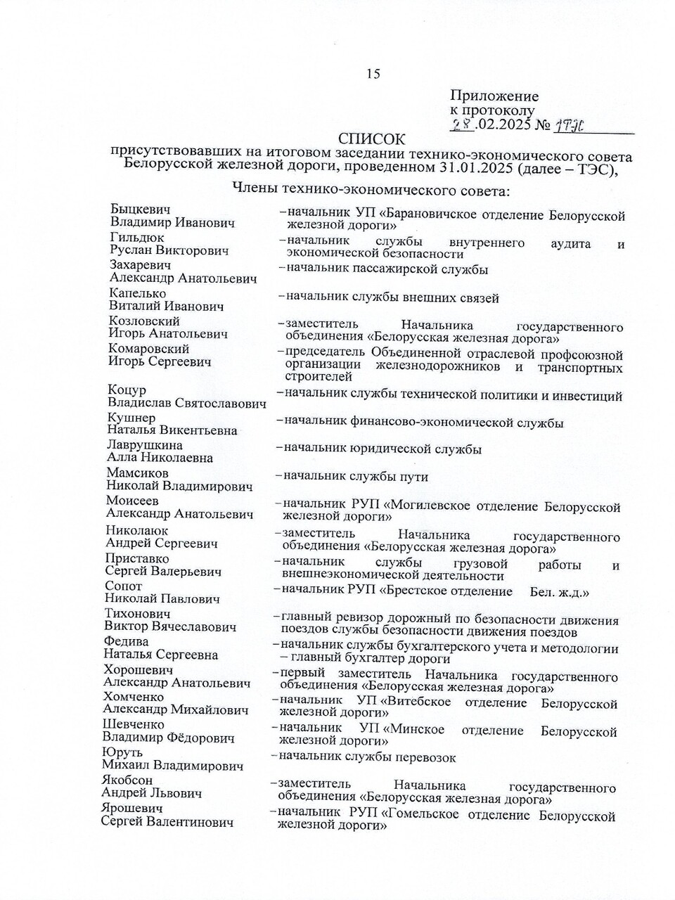 Протокол заседания ТЭС по итогам работы БЖД в 2024 году, задачах и направлениях развития на 2025 год, лист 15