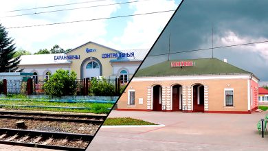 Коллаж: здания двух вокзалов, слева — Барановичи-Центральные