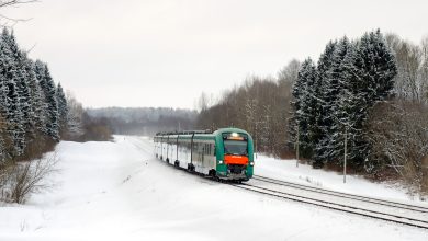 Дизель-поезд на заснеженном перегоне среди елового леса