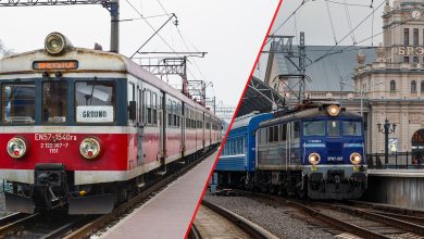 Коллаж: польский электропоезд и пассажирский электровоз у платформ вокзала