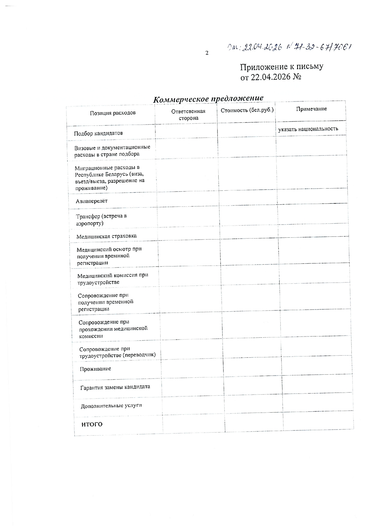 Запрос Минского отделения БЖД в ООО «Станопринт» о возможности подбора трудовых мигрантов на должности…, лист 2