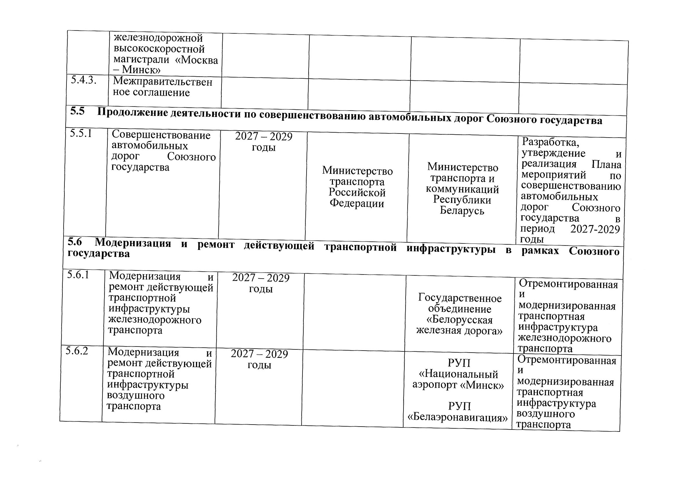 План мероприятий по разделу 5 «Транспорт» Союзного государства на 2027–2029 годы, предложения российской стороны, июль 2026, лист 14