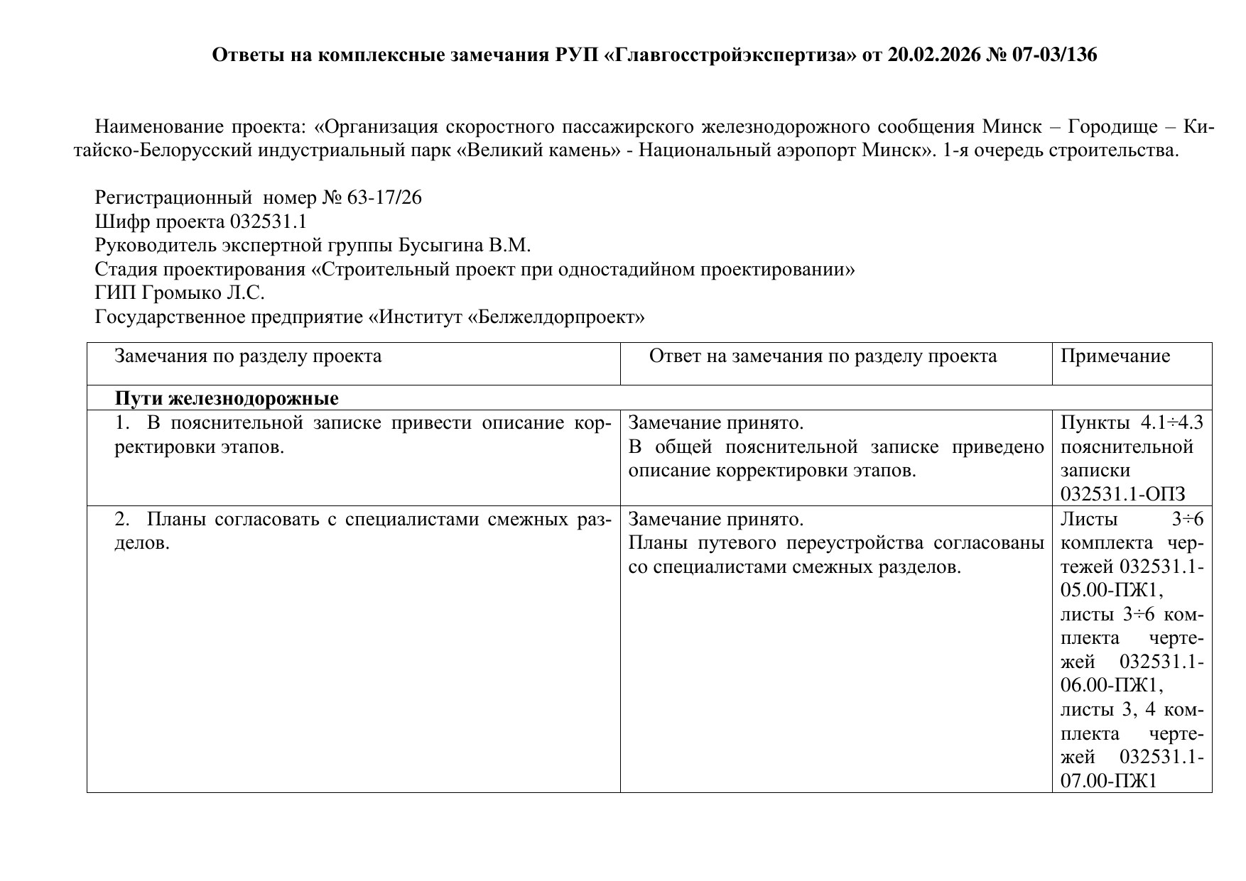 Ответы на замечания Главгосстройэкспертизы от 20.02.2026 по разделу «Пути железнодорожные», лист 1