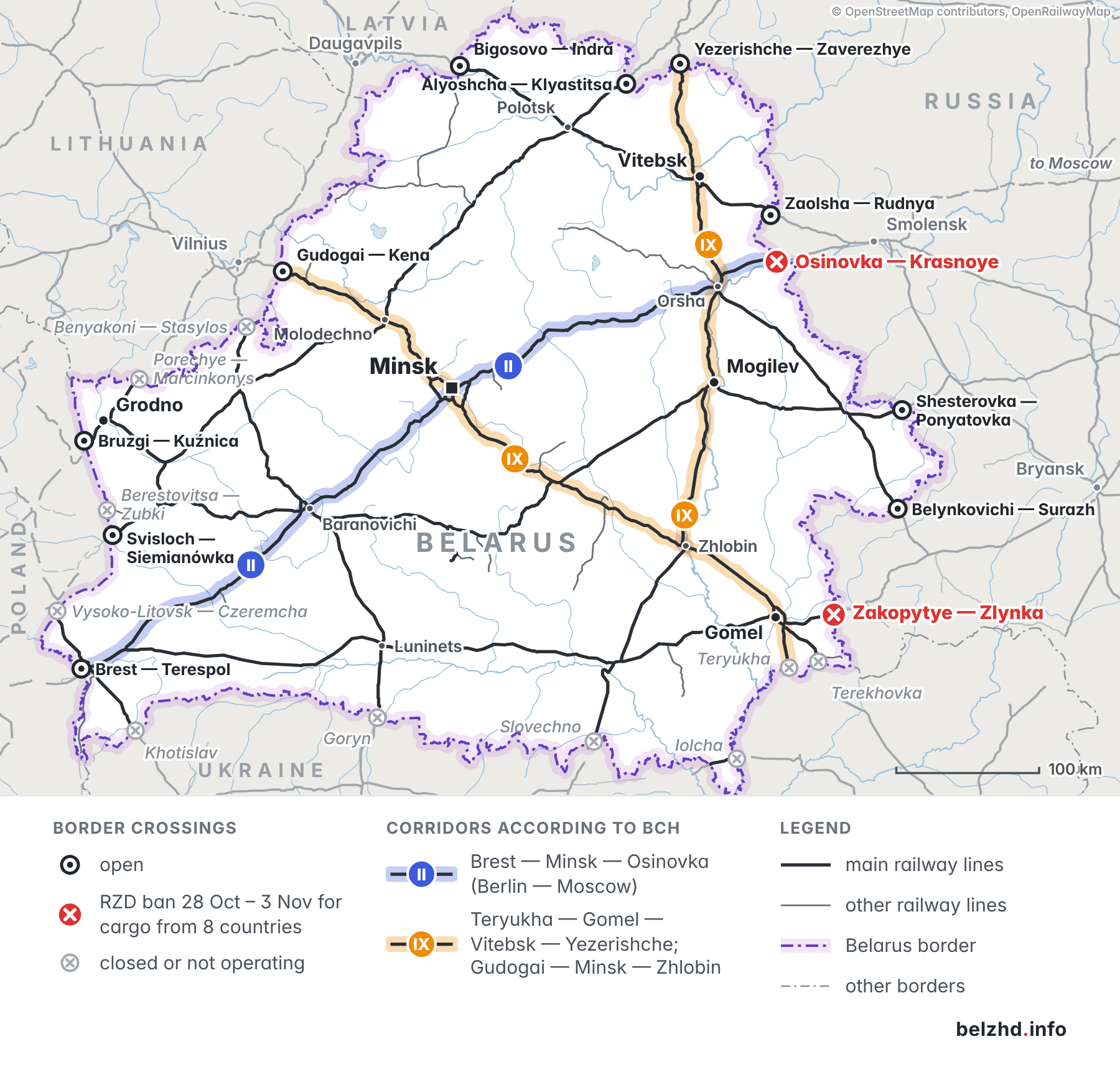 Map of Belarus rail border crossings: from 28 October to 3 November 2026 a ban applies via the Osinovka — Krasnoye and Zakopytye — Zlynka crossings to cargo from eight countries of Central Asia and the South Caucasus; the other five crossings with Russia are open, the crossings with Ukraine are closed